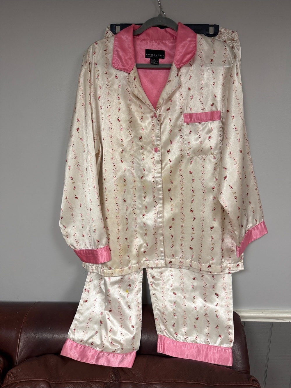 Robert Louis Cream Satin Pajama / Lounge Set with Pink Trim Tiny Rose Print, XL